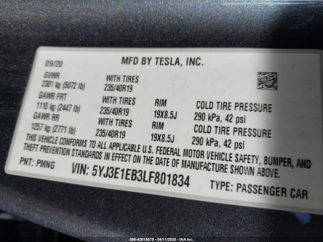 5YJ3E1EB3LF801834 Tesla Model 3 Long Range Dual Motor All-wheel Drive