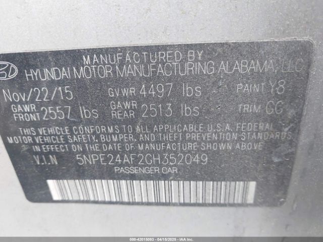 5NPE24AF2GH352049 Hyundai SONATA SE