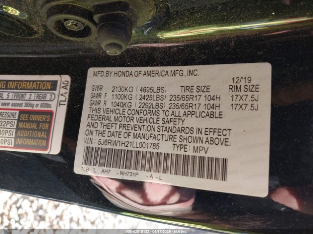 5J6RW1H21LL001785 Honda Cr-v 2wd Lx