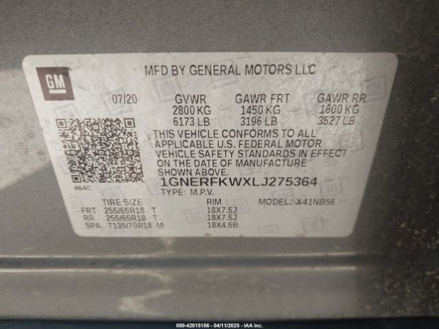 1GNERFKWXLJ275364 Chevrolet Traverse Fwd Ls