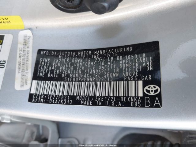 5YFBURHE9HP628643 Toyota COROLLA LE