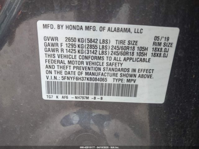 5FNYF6H37KB084065 Honda Pilot Ex
