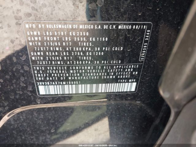 3VV3B7AX7KM199951 Volkswagen Tiguan 2.0t Se/2.0t Sel/2.0t Sel R-line/2.0t Sel R-line Black