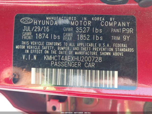 KMHCT4AEXHU200728 Hyundai ACCENT SE