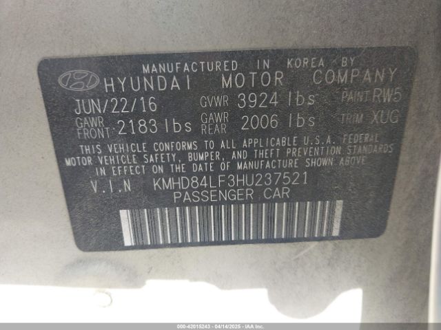 KMHD84LF3HU237521 Hyundai Elantra Value Edition