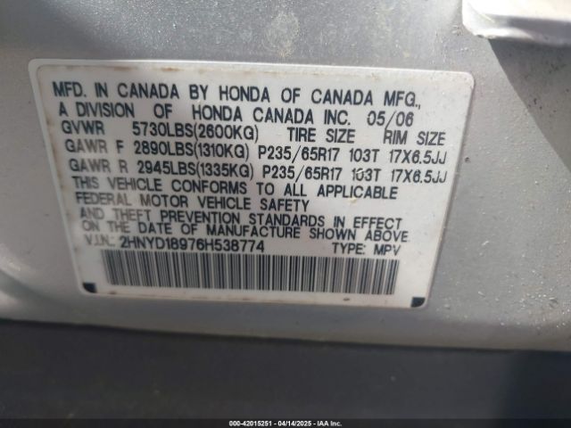 2006 ACURA MDX 2HNYD18976H538774 Photo 8
