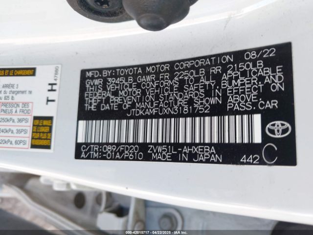 JTDKAMFUXN3181752 Toyota Prius Le