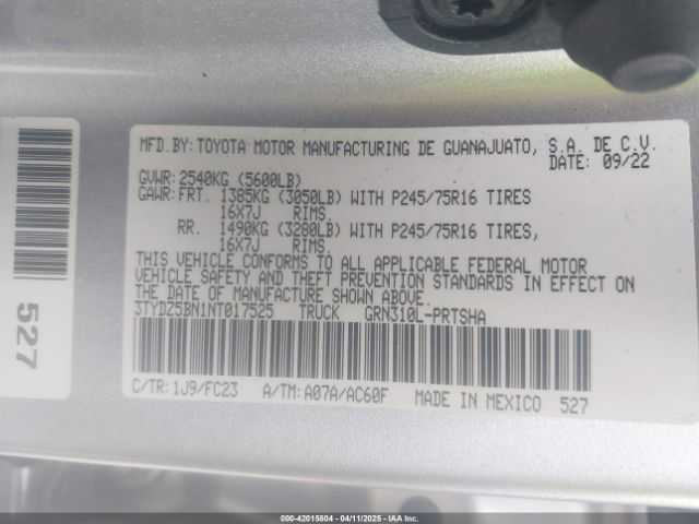 3TYDZ5BN1NT017525 Toyota Tacoma Sr5 V6