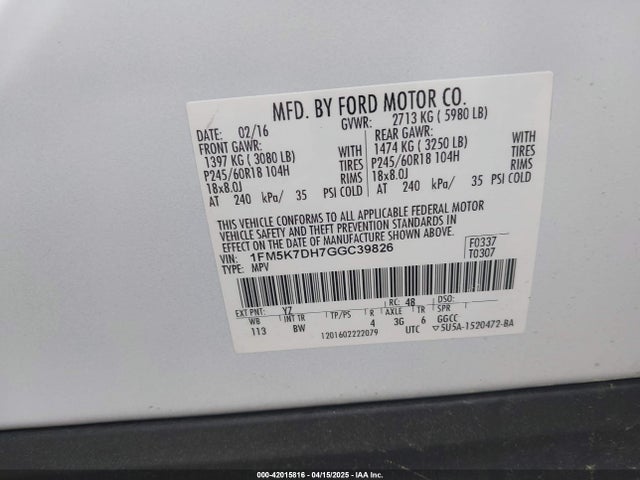 1FM5K7DH7GGC39826 Ford EXPLORER XLT