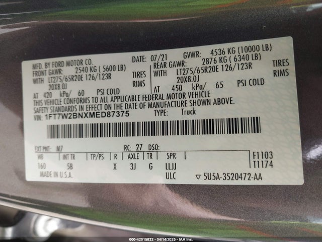 1FT7W2BNXMED87375 Ford F-250 Lariat