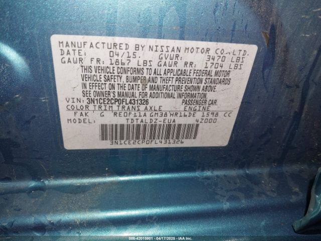 3N1CE2CP0FL431326 Nissan Versa Note Sv