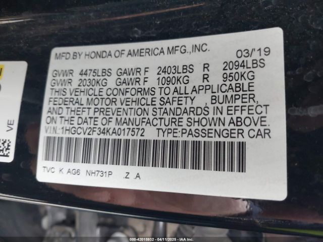 1HGCV2F34KA017572 Honda Accord Sport 2.0t