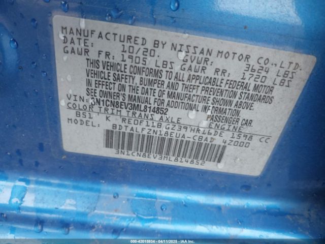 3N1CN8EV3ML814852 Nissan Versa Sv Xtronic Cvt