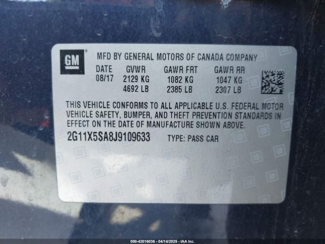 2G11X5SA8J9109633 Chevrolet Impala 1fl