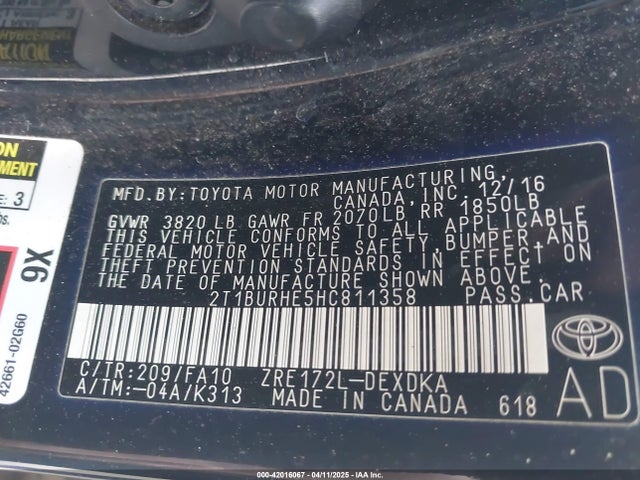 Toyota COROLLA L 2017 2T1BURHE5HC811358 Image 9