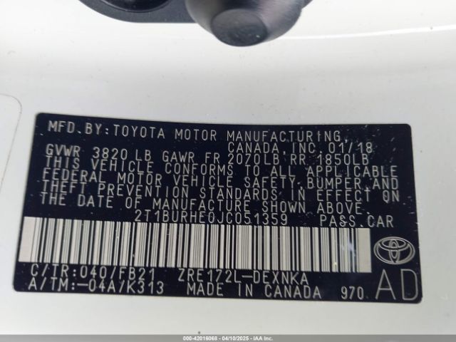 2T1BURHE0JC051359 Toyota COROLLA LE