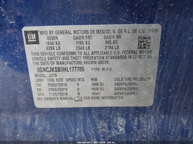 3GNCJKSB0HL177786 Chevrolet TRAX LS