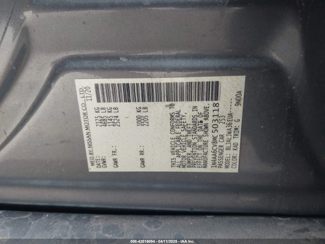 1N4AA6CV8MC503118 Nissan Maxima Sv Xtronic Cvt