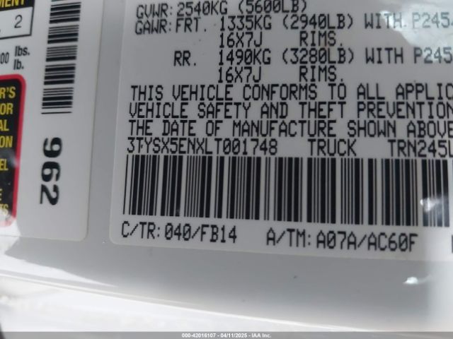 3TYSX5ENXLT001748 Toyota Tacoma Sr