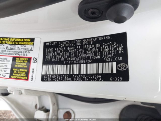 4T1B11HK7KU687261 Toyota CAMRY SE
