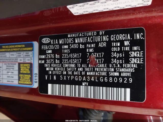 5XYPGDA34LG680929 KIA Sorento 2.4l Lx