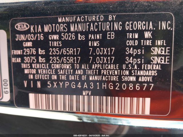 5XYPG4A31HG208677 KIA Sorento 2.4l Lx