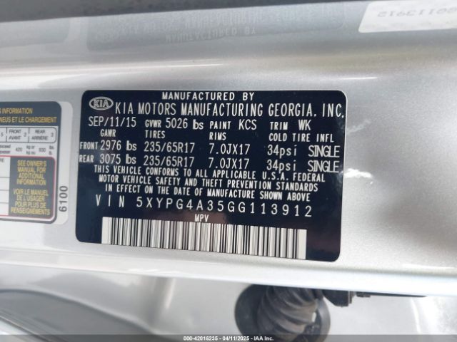 5XYPG4A35GG113912 KIA Sorento 2.4l Lx