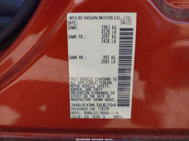 1N4BL4CV3NN368204 Nissan Altima Sr Fwd