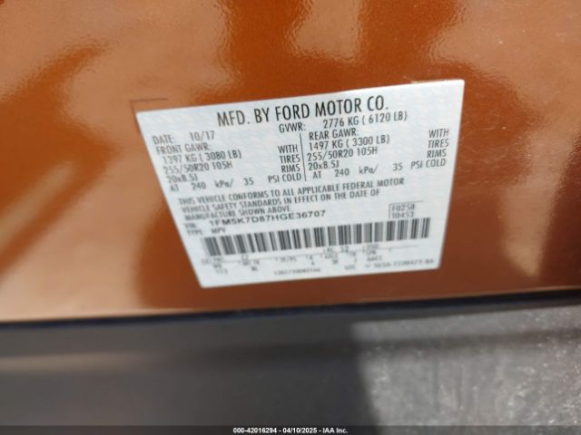 1FM5K7D87HGE36707 Ford EXPLORER XLT