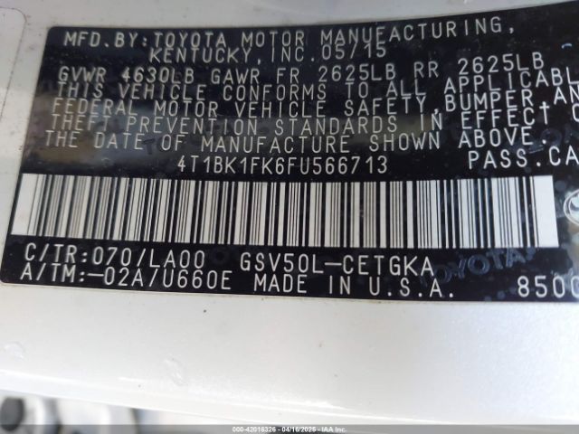 4T1BK1FK6FU566713 Toyota Camry Xle V6