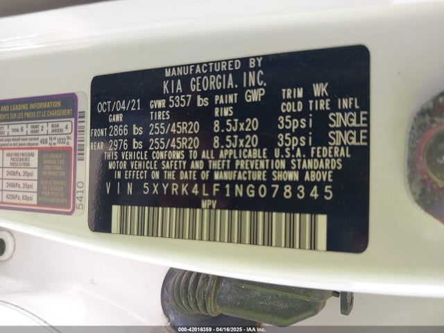 5XYRK4LF1NG078345 KIA t-gdi theta-iii