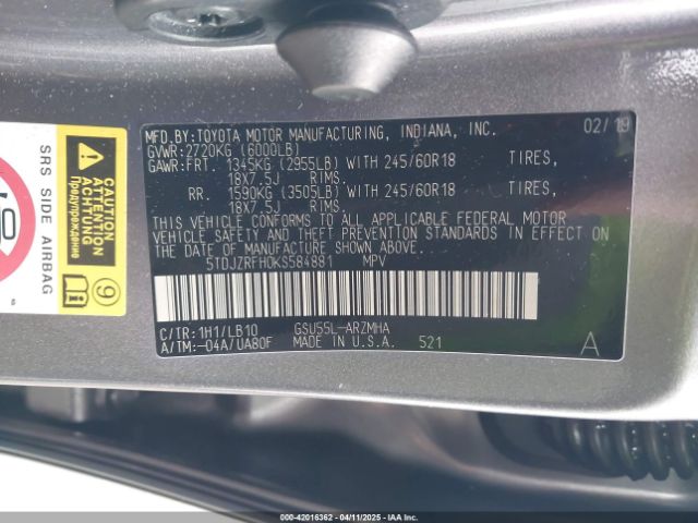 5TDJZRFH0KS584881 Toyota Highlander Xle