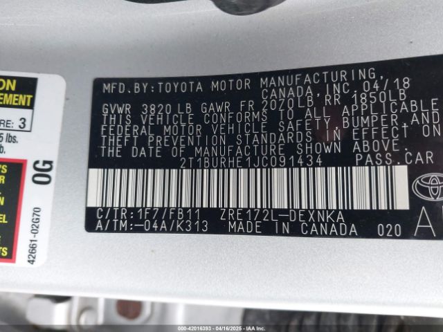 2T1BURHE1JC091434 Toyota Corolla L/le/xle/se/xse