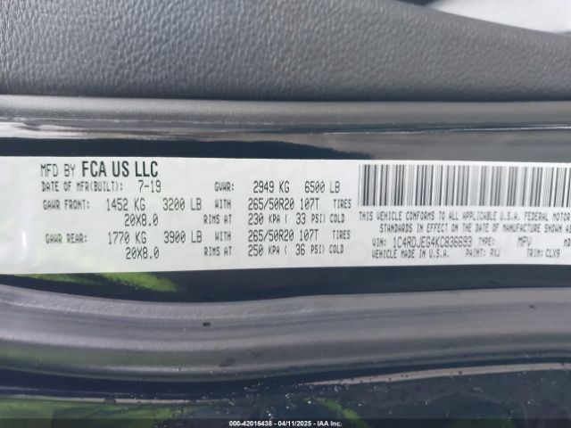 2019 DODGE DURANGO 1C4RDJEG4KC836693 Photo 8