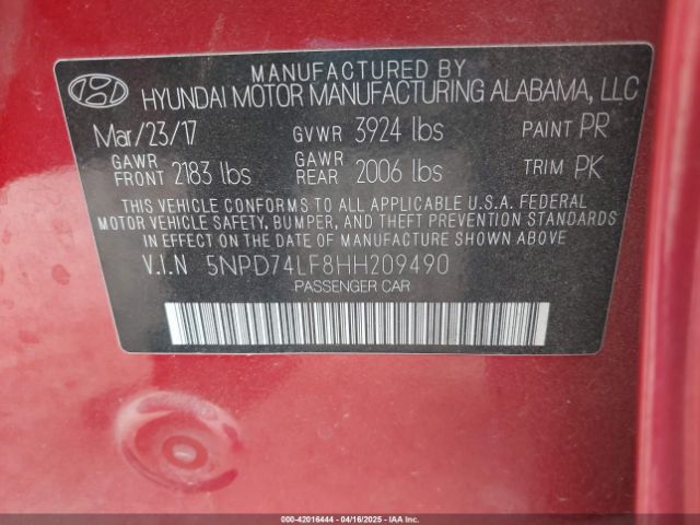 5NPD74LF8HH209490 Hyundai ELANTRA SE