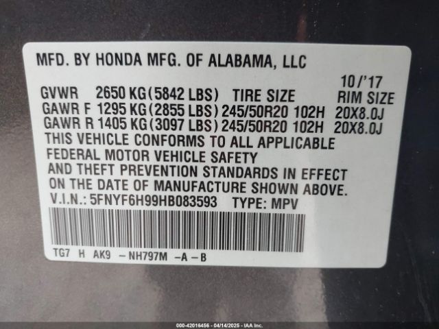 5FNYF6H99HB083593 Honda Pilot Touring