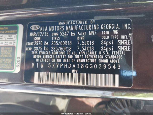 5XYPHDA18GG039543 KIA Sorento 2.0t Ex