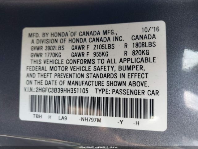 2HGFC3B39HH351105 Honda Civic Ex-t