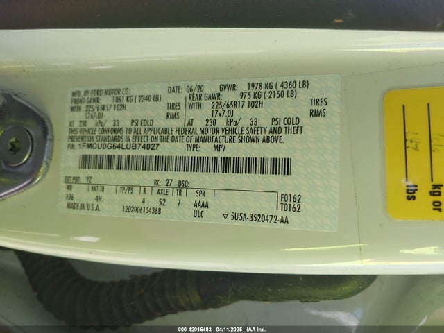 1FMCU0G64LUB74027 Ford ESCAPE SE