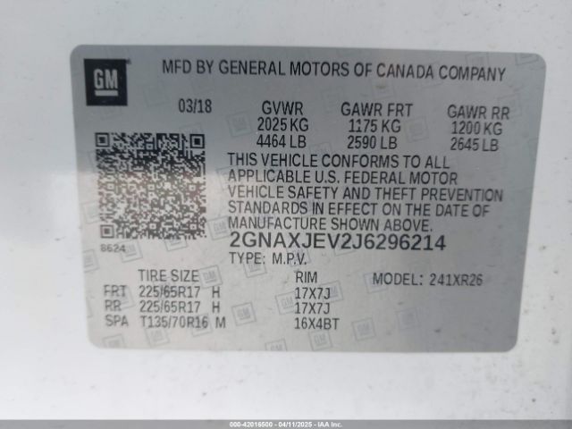 2GNAXJEV2J6296214 Chevrolet EQUINOX LT