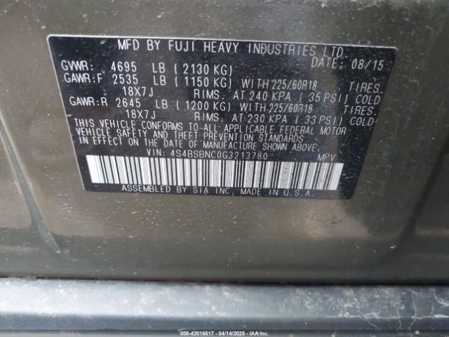 4S4BSBNC0G3213780 Subaru Outback 2.5i Limited