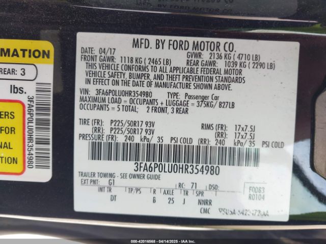 3FA6P0LU0HR354980 Ford Fusion Hybrid Se