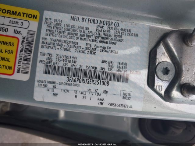 3FA6P0RU3ER351008 Ford Fusion Hybrid Titanium