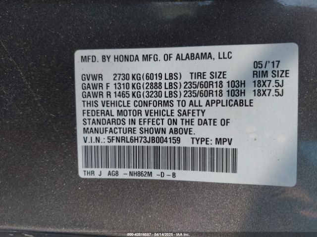 5FNRL6H73JB004159 Honda Odyssey Ex-l