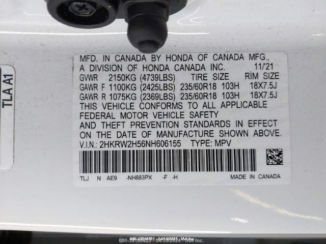 2HKRW2H56NH606155 Honda Cr-v Awd Ex