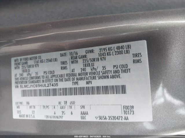 5LMCJ1C93HUL27435 Lincoln Mkc Premiere