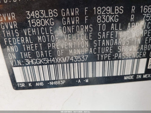 3HGGK5H4XKM743537 Honda FIT LX