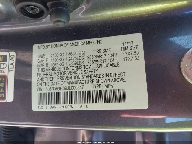 5J6RW6H39JL000547 Honda CR-V LX