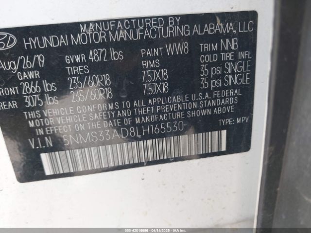 5NMS33AD8LH165530 Hyundai Santa Fe Sel