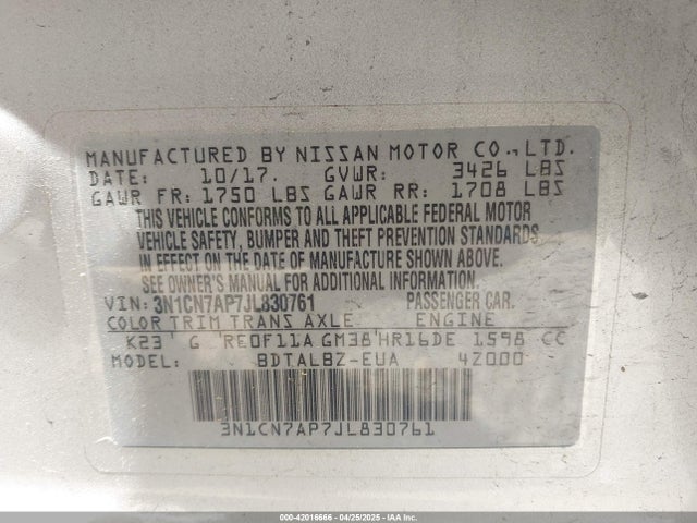 3N1CN7AP7JL830761 Nissan Versa 1.6 Sv